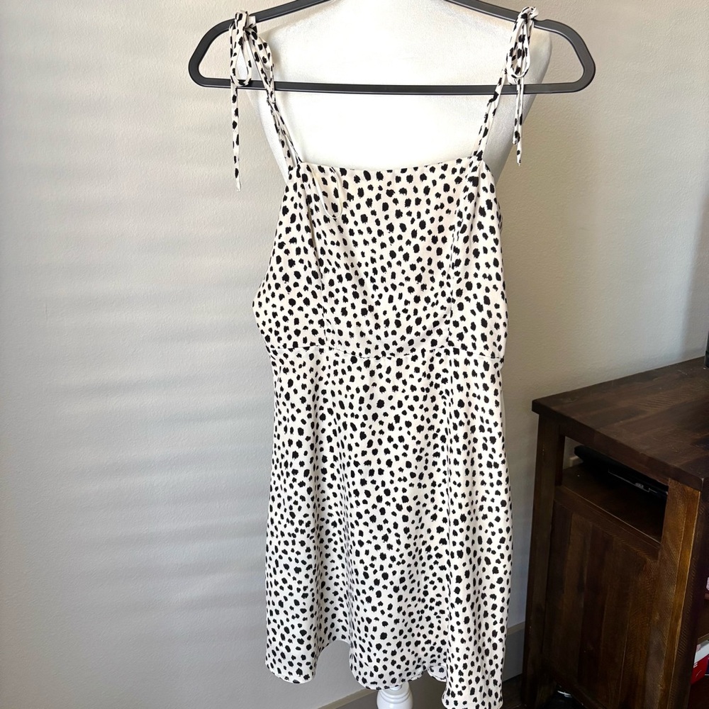 GB Cream Black Spotted Tie Strap Dress Smocked Back Fit Flare Small